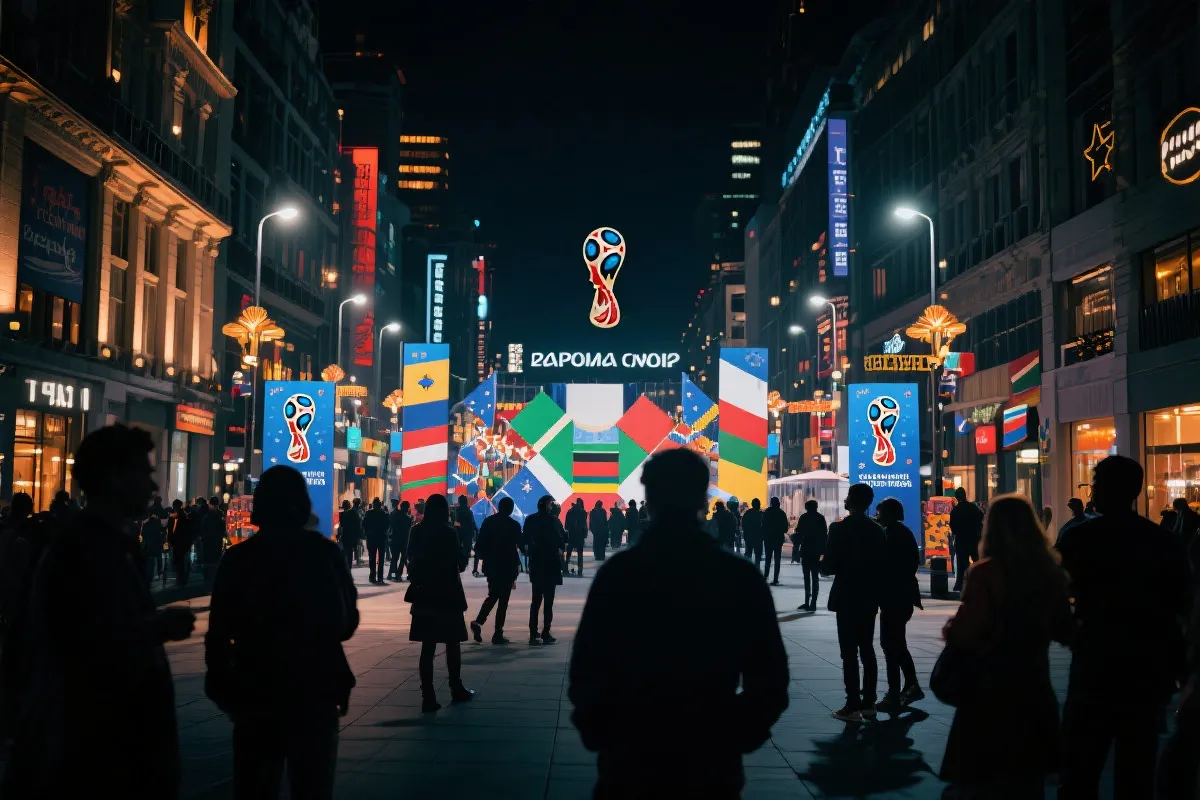 世界杯期间城市街区灯光、公共空间与多元文化元素交织的夜景